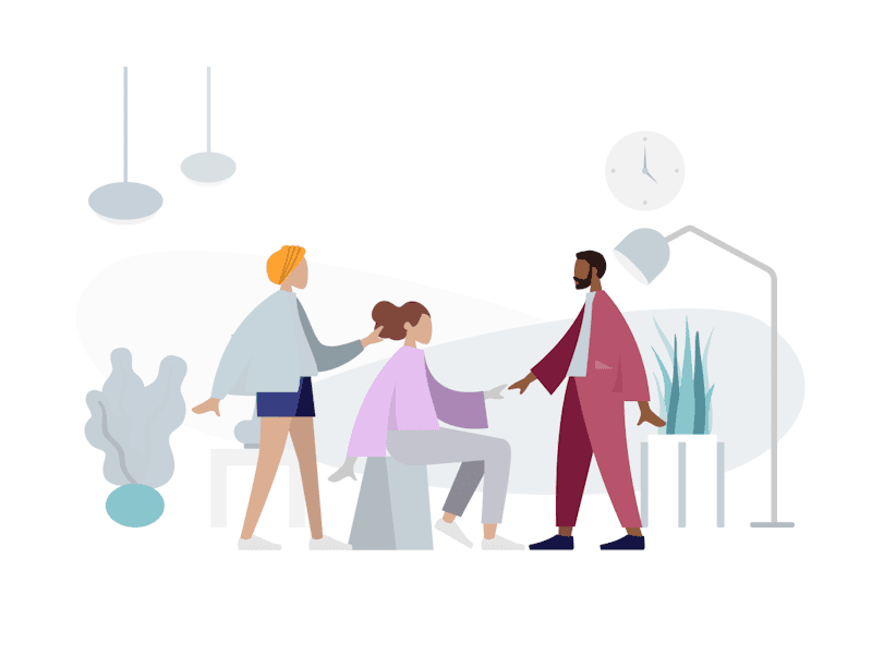 Stylized illustration of three colleagues meeting in a bright, plant-filled office: one person in an orange headwrap and navy shorts rests a hand on the shoulder of a colleague seated on a stool, while a bearded man in a burgundy robe reaches out to greet them, with a wall clock, a floor lamp and potted plants in the background.