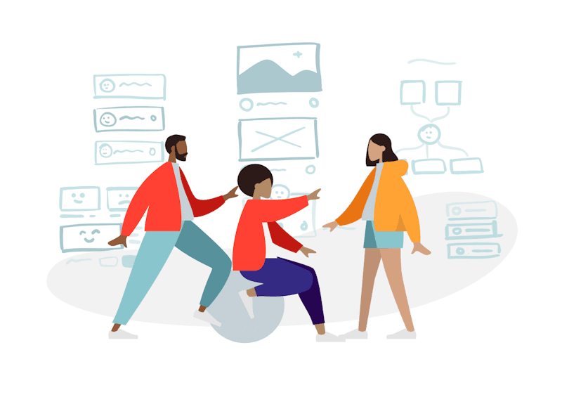 A stylized illustration of three people collaborating in a digital environment. Two individuals, one standing and one crouching, are wearing red jackets and appear to be discussing or explaining something to a third person wearing an orange jacket and blue shorts. Graphic elements representing user interfaces, flowcharts and servers are visible in the background, suggesting a context of design or technological development.