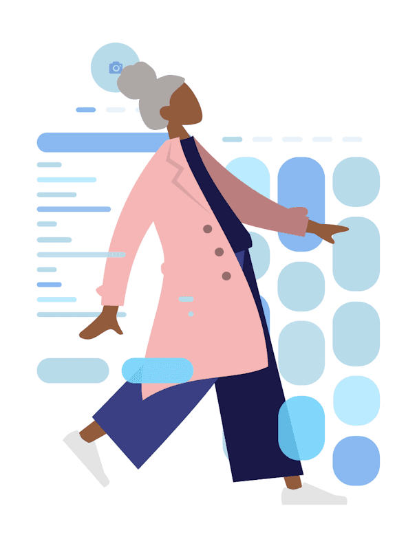 Una donna stilizzata con capelli grigi e un lungo cappotto rosa cammina attraverso un'interfaccia digitale astratta con icone, barre e forme geometriche blu.