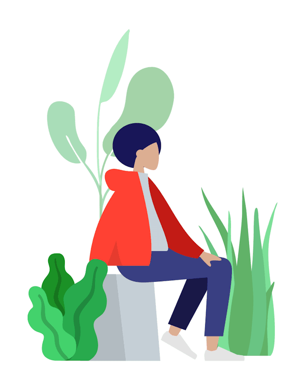 Stylized illustration of a person with short dark hair wearing a bright red jacket and navy trousers, sitting sideways on a light gray block, surrounded by large green leaves and plants.