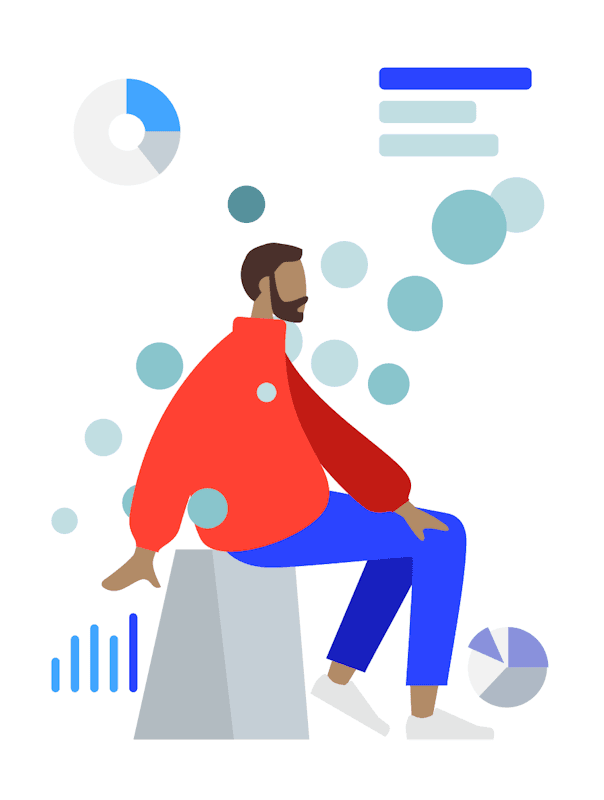 A stylized man with a beard, wearing a red shirt and blue trousers, sitting on a gray geometric shape, surrounded by floating pie charts, bars and circles.